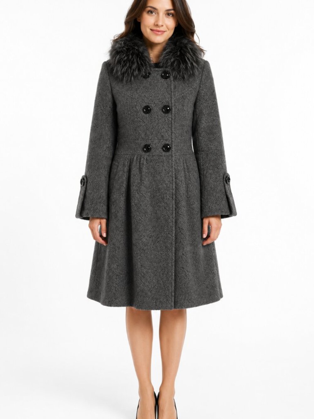 EACHIMAGE Charcoal Grey Textured Wool Blend Faux Fur Collar Double Breasted Coat